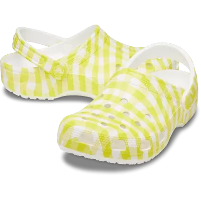 Sabots Crocs Classic Gingham jaune et blanc réf 211006-78R avec motif vichy estival