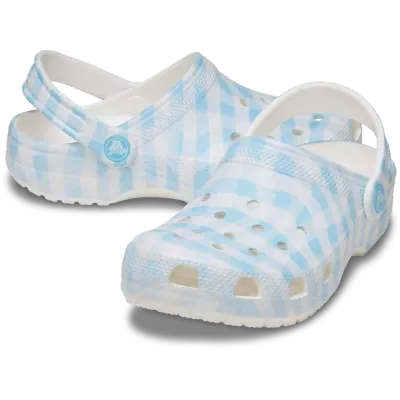 Sabots Crocs Classic Gingham blanc et bleu réf 211006-16S avec motif vichy élégant