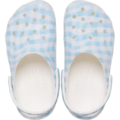 Sabots Crocs Classic Gingham blanc et bleu réf 211006-16S avec motif vichy élégant