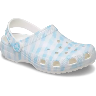 Sabots Crocs Classic Gingham blanc et bleu réf 211006-16S avec motif vichy élégant