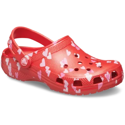 Sabots Crocs Classic Valentine Clog bébé rouge réf 209755-6ZR avec motifs cœur et finition pailletée