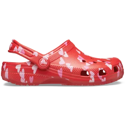 Sabots Crocs Classic Valentine Clog bébé rouge réf 209755-6ZR avec motifs cœur et finition pailletée