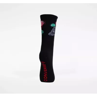Converse Spray Paint Crew Half Cushion E1311B chaussette montante noire unisexe graphisme rose rouge main squelette vert