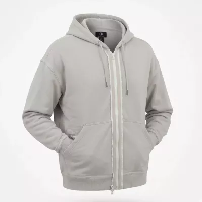 Converse 10022002-A14 hoodie zippé unisexe gris chiné utility fleece double fermeture éclair VISLON poche kangourou french terry