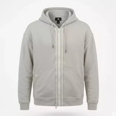Converse 10022002-A14 hoodie zippé unisexe gris chiné utility fleece double fermeture éclair VISLON poche kangourou french terry