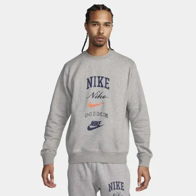 Nike Club Fleece sweat col rond manches longues homme gris chiné multi-logos FN2610-063