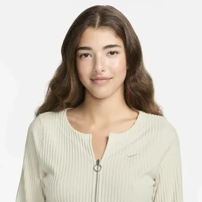 Nike Sportswear Chill Rib cardigan zippé slim côtelé manches longues femme beige FN3682-104