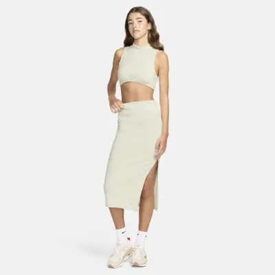 Jupe midi Nike Sportswear Chill Rib beige pour femme coupe slim en maille côtelée avec fente latérale