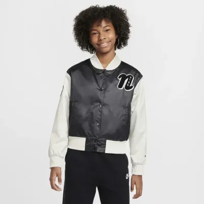 Nike Sportswear veste varsity satin bicolore patch logo N cursif fille noir crème FZ5563-010