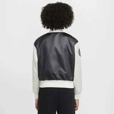 Nike Sportswear veste varsity satin bicolore patch logo N cursif fille noir crème FZ5563-010