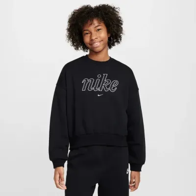 Nike Sportswear Club Fleece sweat boxy col rond logo script cursif fille noir FZ5566-010