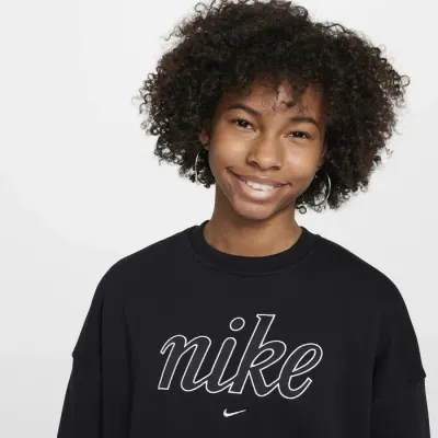 Nike Sportswear Club Fleece sweat boxy col rond logo script cursif fille noir FZ5566-010