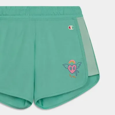 Short Champion Joyful Heart Shorts turquoise fille avec graphisme cœur ailé et arc-en-ciel, 100 % coton, référence 404933-BS049
