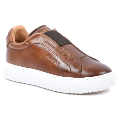 Basket homme Elito EL-2562-C en cuir cognac avec semelle blanche épaisse et design sans lacets élégant