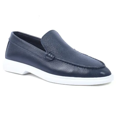 Mocassins homme Elito EL-2670-BLM en cuir bleu marine avec semelle blanche élégante