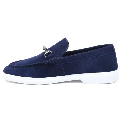 Mocassins homme Elito EL-2671-DBLM en daim bleu marine avec mors métallique et semelle blanche