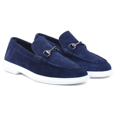 Mocassins homme Elito EL-2671-DBLM en daim bleu marine avec mors métallique et semelle blanche
