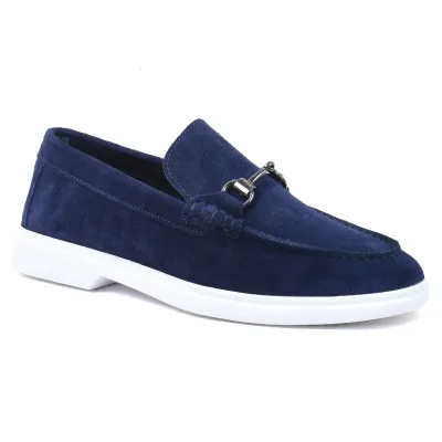 Mocassins homme Elito EL-2671-DBLM en daim bleu marine avec mors métallique et semelle blanche