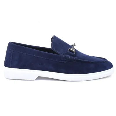 Mocassins homme Elito EL-2671-DBLM en daim bleu marine avec mors métallique et semelle blanche