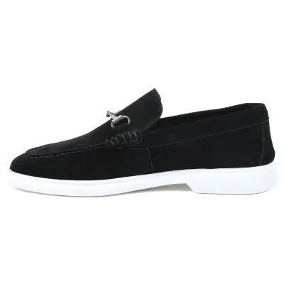 Mocassins homme Elito EL-2671-DN en daim noir avec mors métallique et semelle blanche élégante