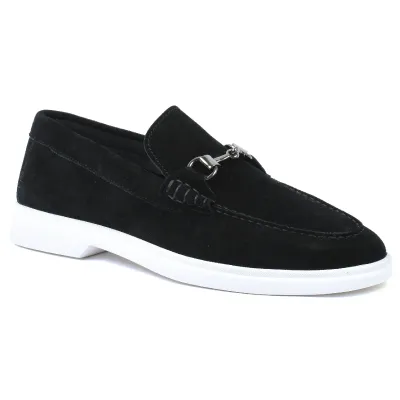 Mocassins homme Elito EL-2671-DN en daim noir avec mors métallique et semelle blanche élégante