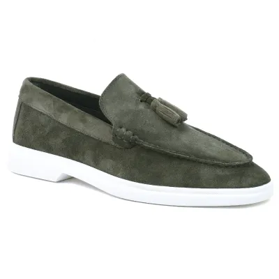 Mocassins homme Elito EL-2672-DVT en daim vert avec pampilles élégantes et semelle blanche