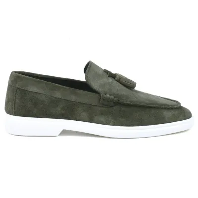 Mocassins homme Elito EL-2672-DVT en daim vert avec pampilles élégantes et semelle blanche