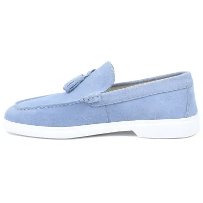 Mocassins homme Elito EL-2672-DBLC en daim bleu ciel avec pampilles et semelle blanche élégante