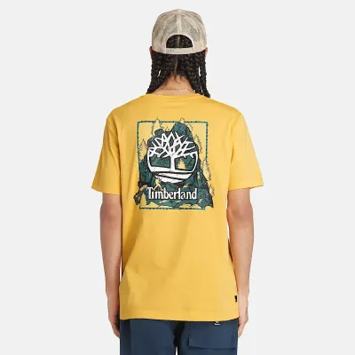 T-shirt Timberland homme jaune en coton biologique avec logo poitrine et grand motif graphique outdoor au dos TB0A5UDYEG4