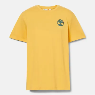 T-shirt Timberland homme jaune en coton biologique avec logo poitrine et grand motif graphique outdoor au dos TB0A5UDYEG4