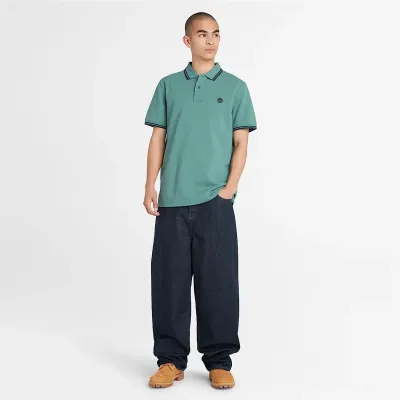 Polo Timberland Millers River homme vert sauge en coton biologique avec col contrasté et logo brodé poitrine TB0A5W4YCL6