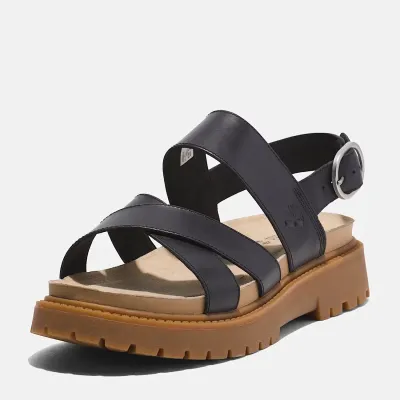 Sandales Timberland Clairemont Way femme en cuir noir premium avec brides croisées et semelle OrthoLite référence TB0A61TRW02