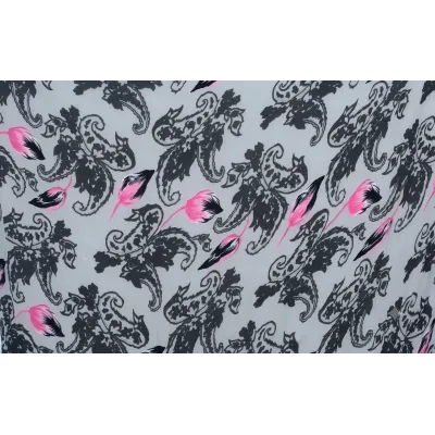 Paréo femme gris clair à motifs cachemire noirs et plumes roses rectangulaire 120x180 cm