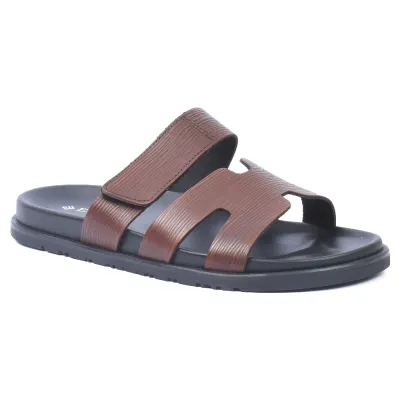Mules homme ELITO EL-068-M en cuir véritable marron avec bande auto-agrippante (scratch), semelle EVA confortable