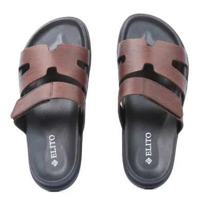 Mules homme ELITO EL-068-M en cuir véritable marron avec bande auto-agrippante (scratch), semelle EVA confortable