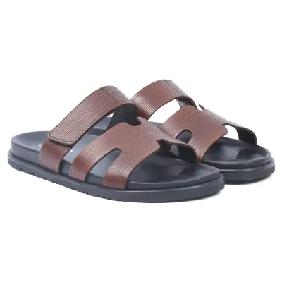 Mules homme ELITO EL-068-M en cuir véritable marron avec bande auto-agrippante (scratch), semelle EVA confortable