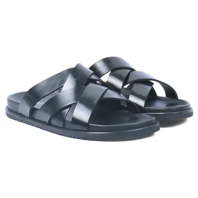 Mules homme ELITO EL-071-N en cuir véritable noir avec brides croisées et semelle EVA confortable.