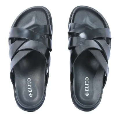 Mules homme ELITO EL-071-N en cuir véritable noir avec brides croisées et semelle EVA confortable.