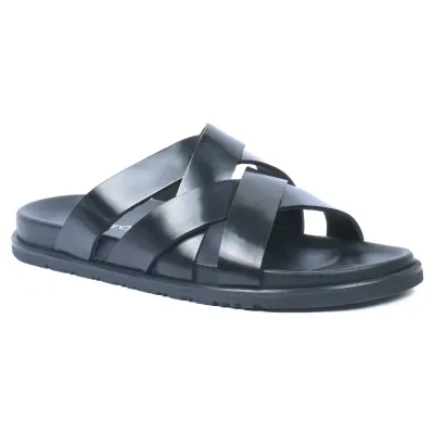 Mules homme ELITO EL-071-N en cuir véritable noir avec brides croisées et semelle EVA confortable.