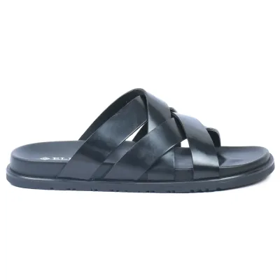 Mules homme ELITO EL-071-N en cuir véritable noir avec brides croisées et semelle EVA confortable.