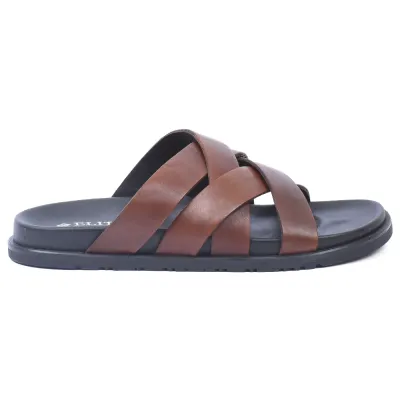 Mules homme ELITO EL-071-M en cuir véritable marron avec brides croisées et semelle EVA confortable.