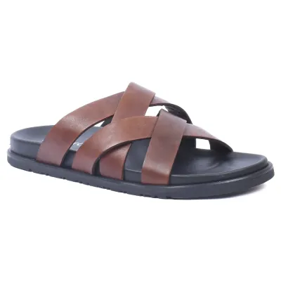 Mules homme ELITO EL-071-M en cuir véritable marron avec brides croisées et semelle EVA confortable.