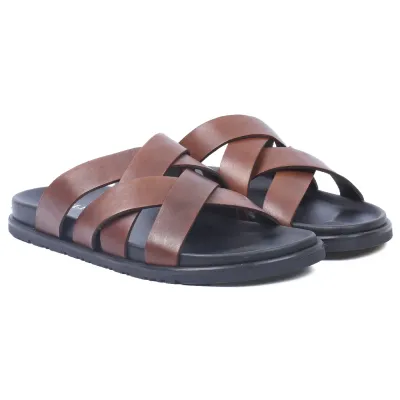 Mules homme ELITO EL-071-M en cuir véritable marron avec brides croisées et semelle EVA confortable.