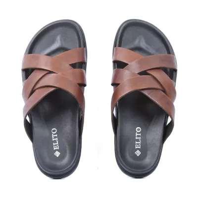 Mules homme ELITO EL-071-M en cuir véritable marron avec brides croisées et semelle EVA confortable.