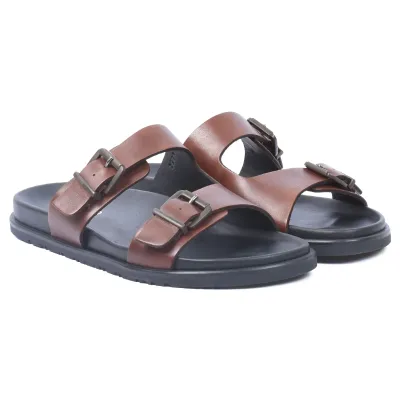 Mules homme ELITO EL-2669-M en cuir véritable marron avec deux brides réglables à boucles métalliques