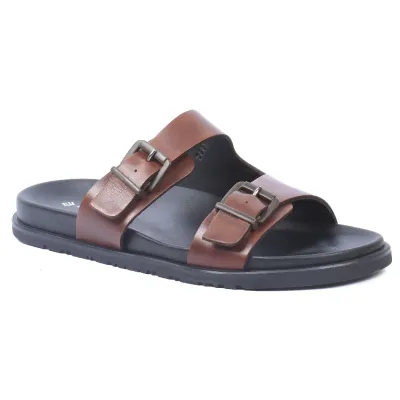 Mules homme ELITO EL-2669-M en cuir véritable marron avec deux brides réglables à boucles métalliques