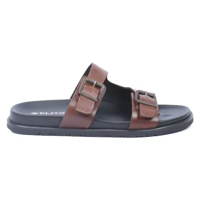 Mules homme ELITO EL-2669-M en cuir véritable marron avec deux brides réglables à boucles métalliques