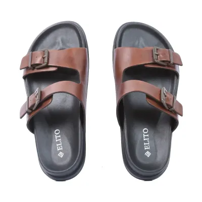 Mules homme ELITO EL-2669-M en cuir véritable marron avec deux brides réglables à boucles métalliques