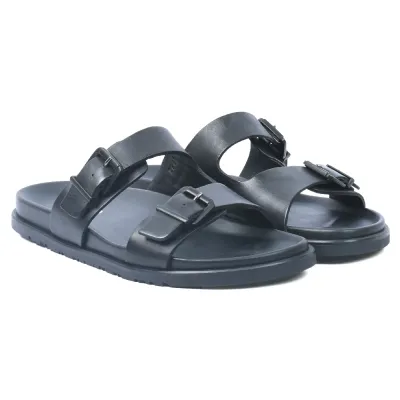 Mules homme ELITO EL-2669-N en cuir véritable noir avec deux brides réglables à boucles métalliques