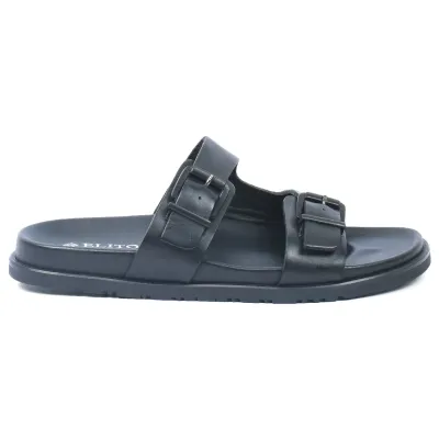 Mules homme ELITO EL-2669-N en cuir véritable noir avec deux brides réglables à boucles métalliques